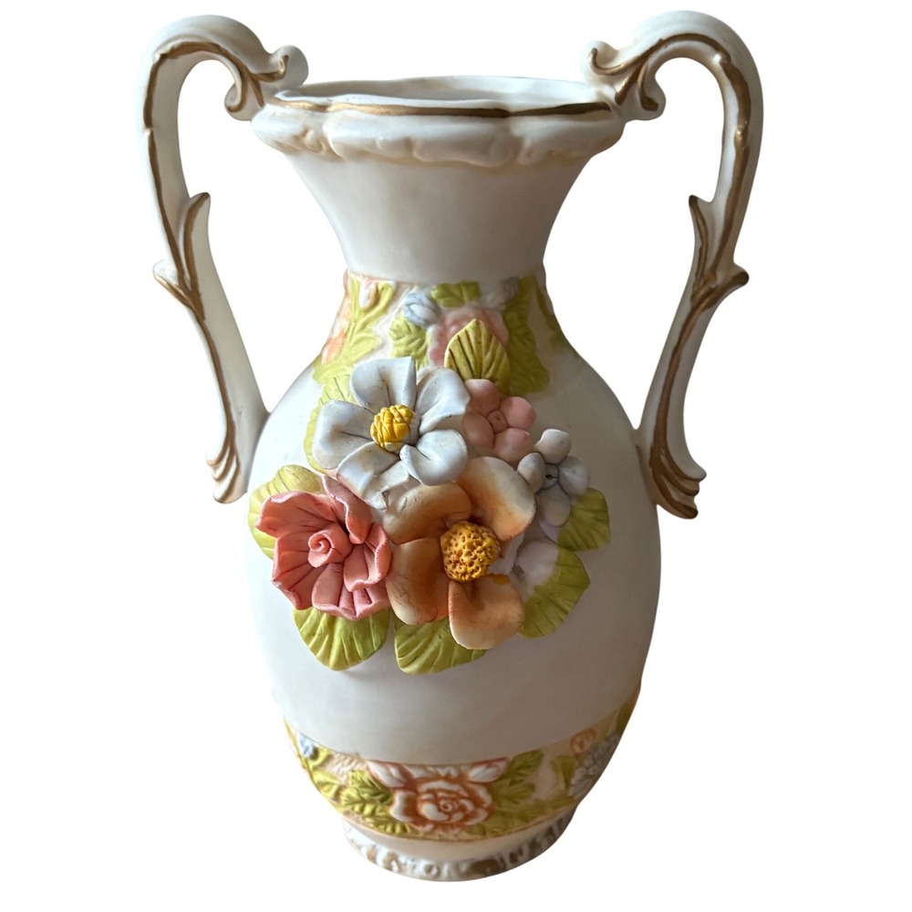 Vintage Style Ceramic Vase 3D Floral Applique Double Handle Gold Trim White Urn